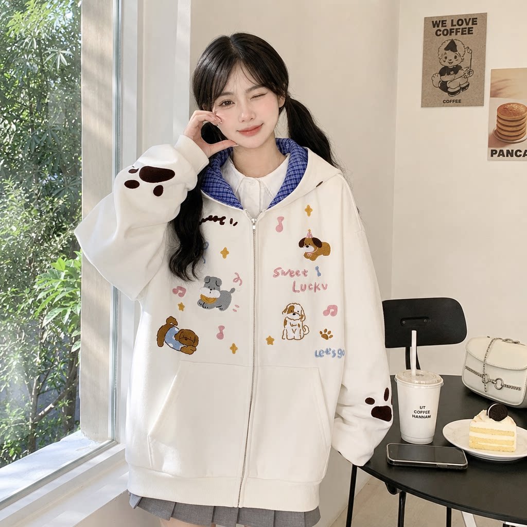 美式复古狗刺绣连帽开衫卫衣女