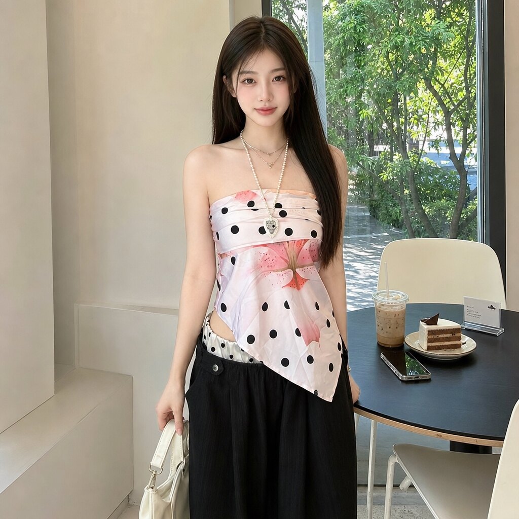 美式辣妹波点缎面露背抹胸背心