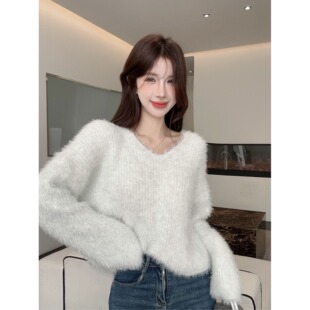 仿水貂绒短款套头毛衣女秋冬外搭软糯亮丝针织上衣宽松慵懒风外套