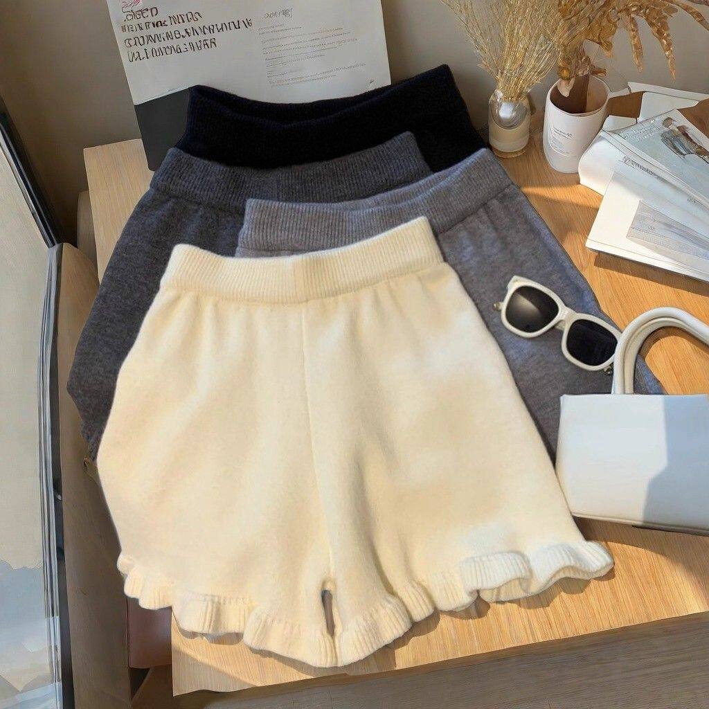 2026春季新款小个子松紧高腰针织阔腿裤女款设计感木耳边休闲短裤