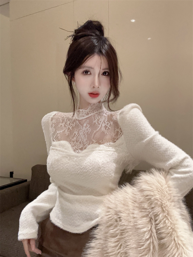法式高领蕾丝针织衫女秋冬洋气打底衫内搭纯欲风仿水貂毛上衣