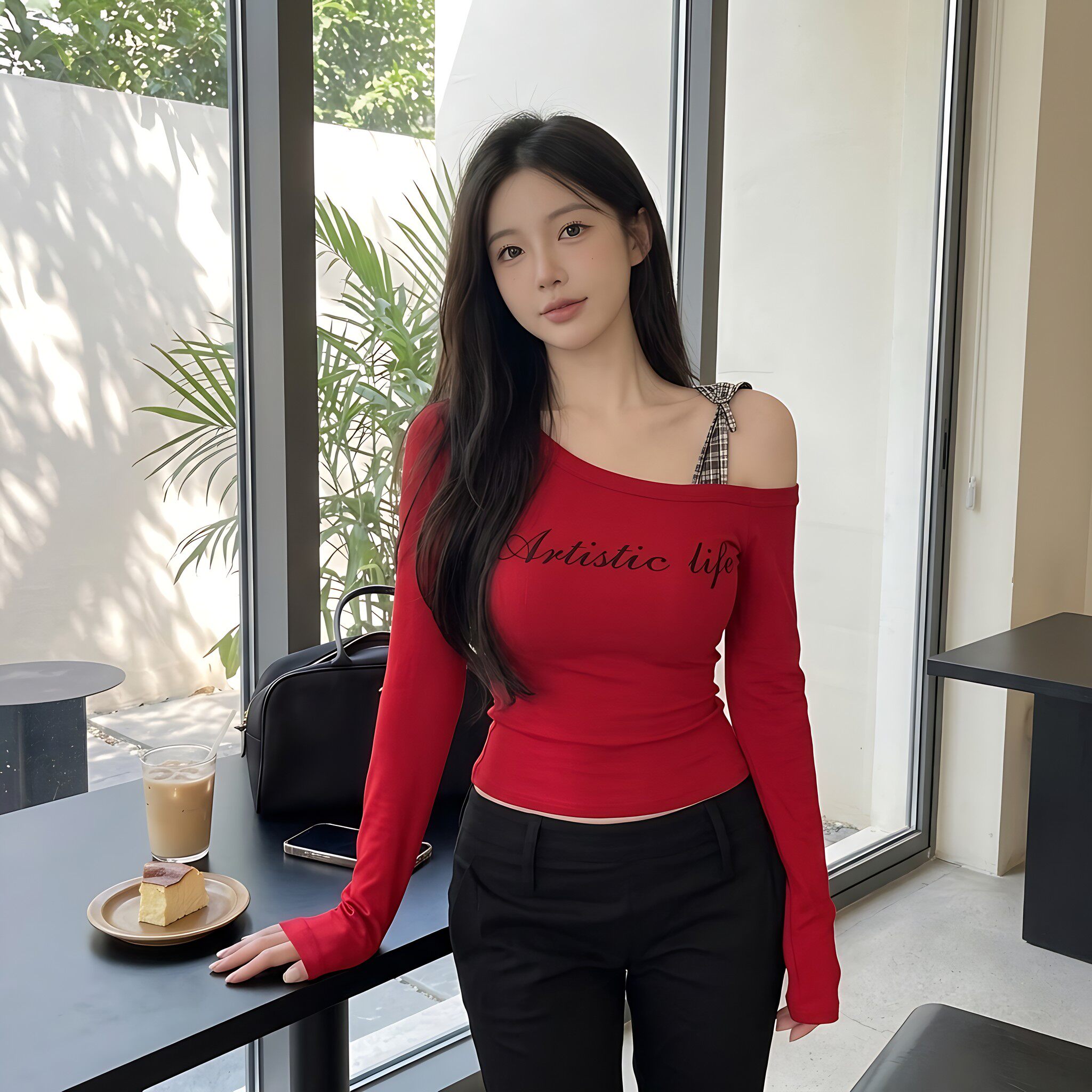 春季韩系斜肩长袖显瘦T恤女