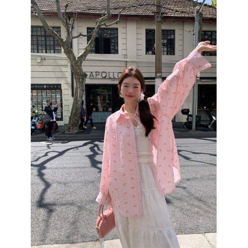 春夏法式甜美格子防晒长袖衬衫女