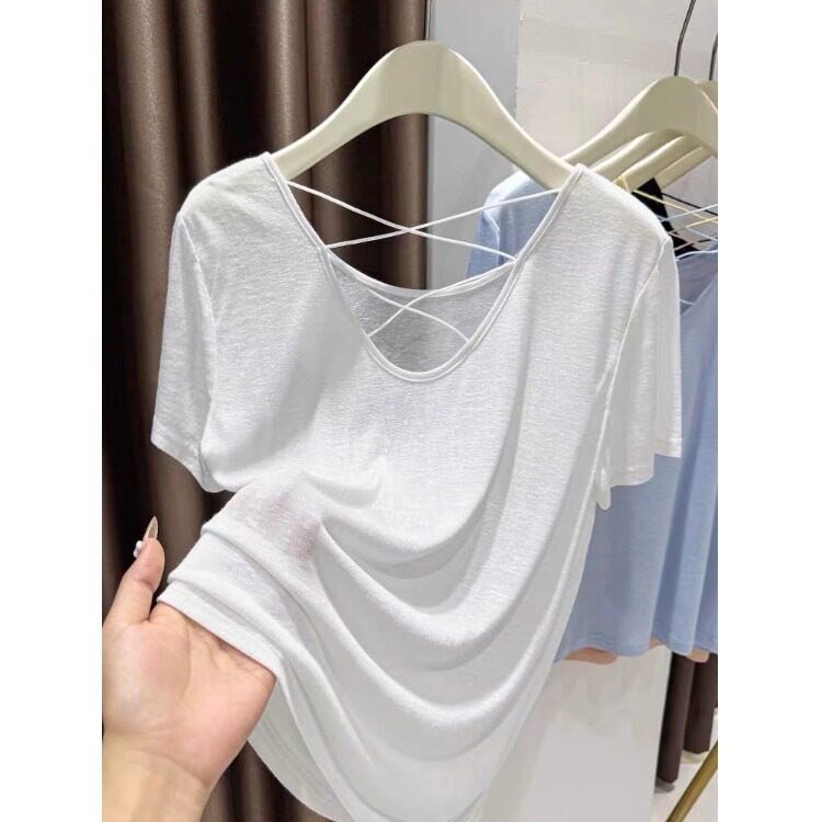 雪花棉露背交叉短袖T恤女大码