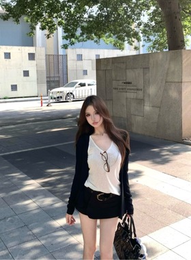 慵懒风黑色长袖开衫套装外套吊带背心女2025秋季甜辣妹穿搭两件套