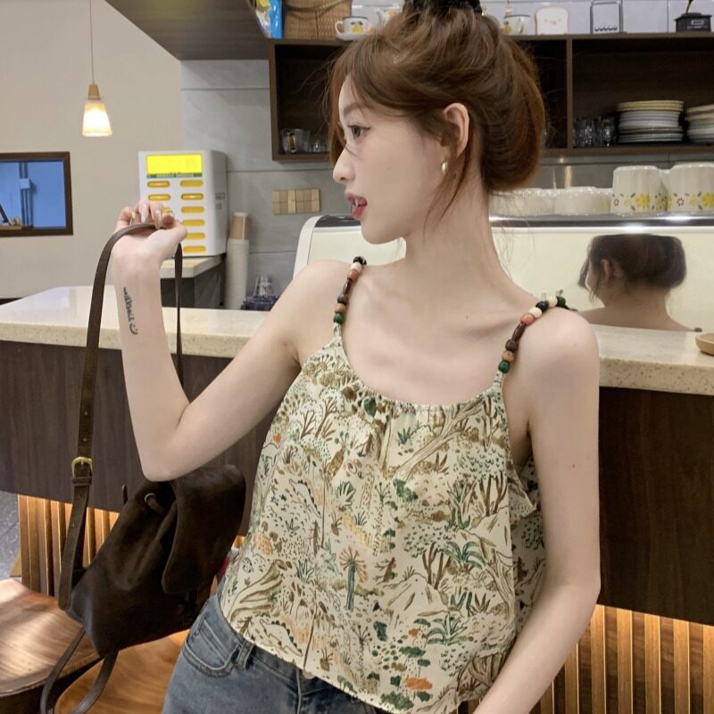 夏季新款休闲风性感串珠肩带印花吊带背心女宽松气质无袖上衣外穿