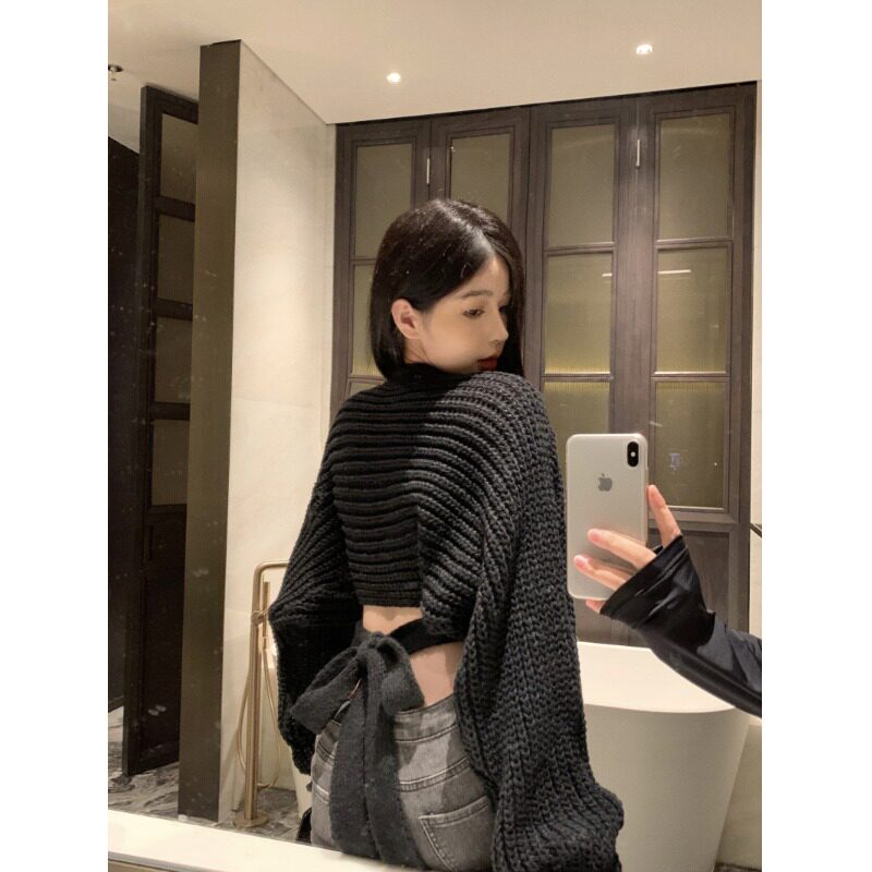 蝴蝶结交叉绑带镂空毛衣针织开衫女秋冬季修身辣妹慵懒风短款上衣
