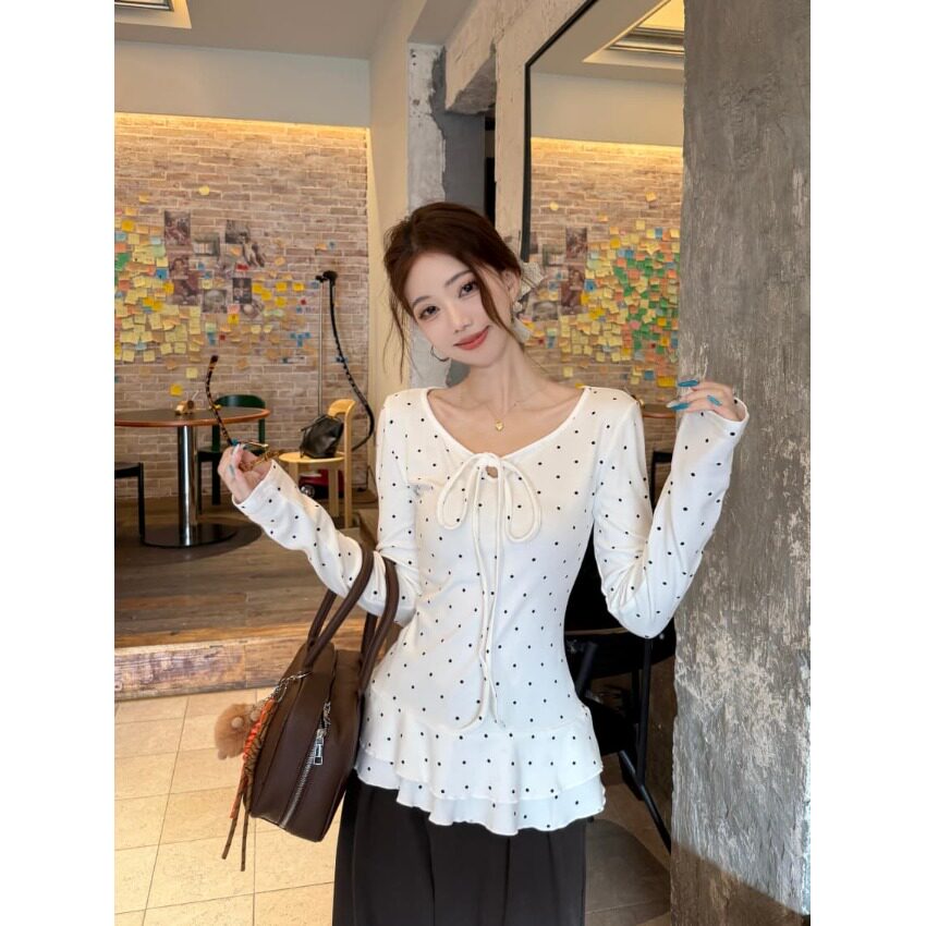 白色木耳边波点长袖T恤女2025秋季新款小众高级感修身显瘦上衣