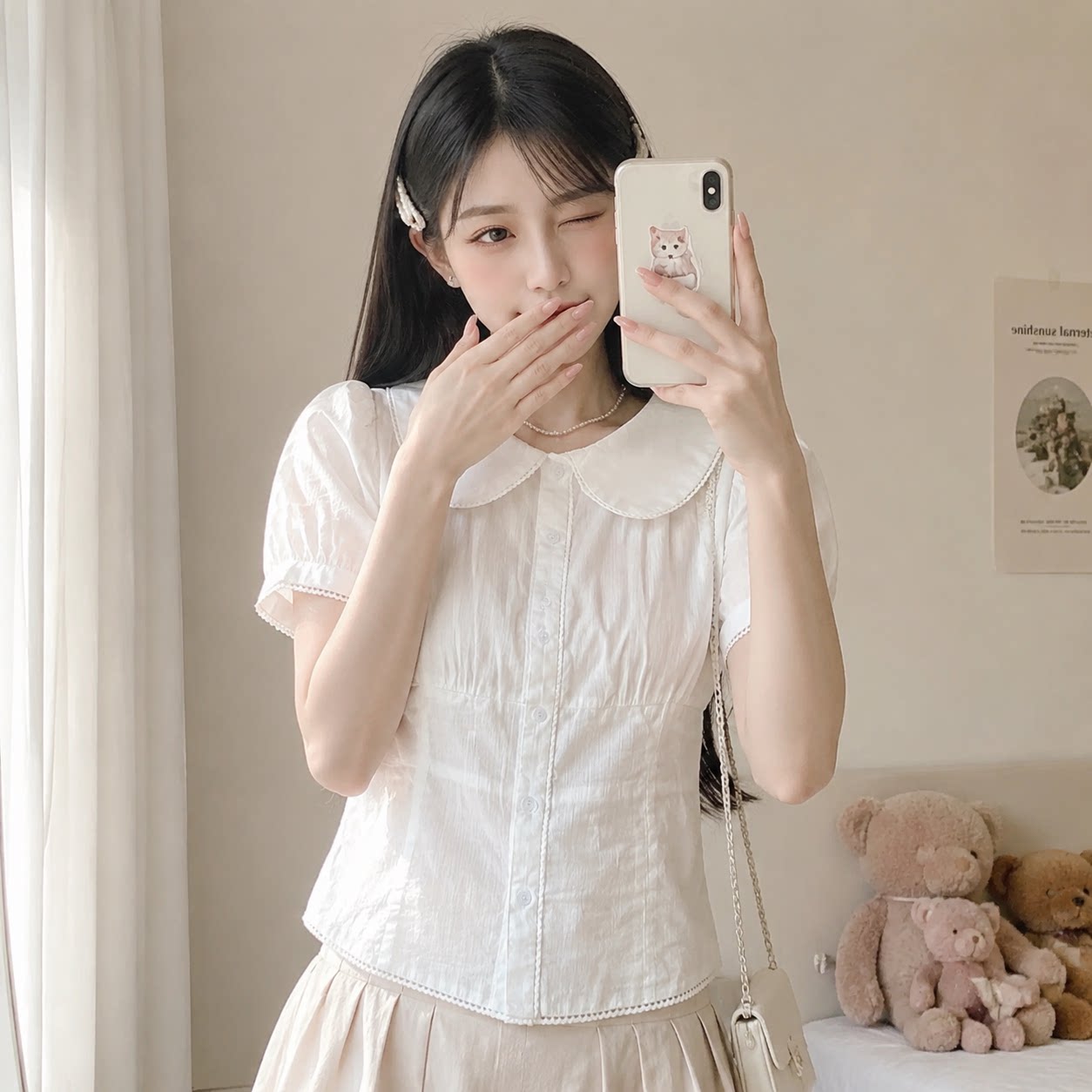 少女风娃娃领镂空修身短袖衬衫
