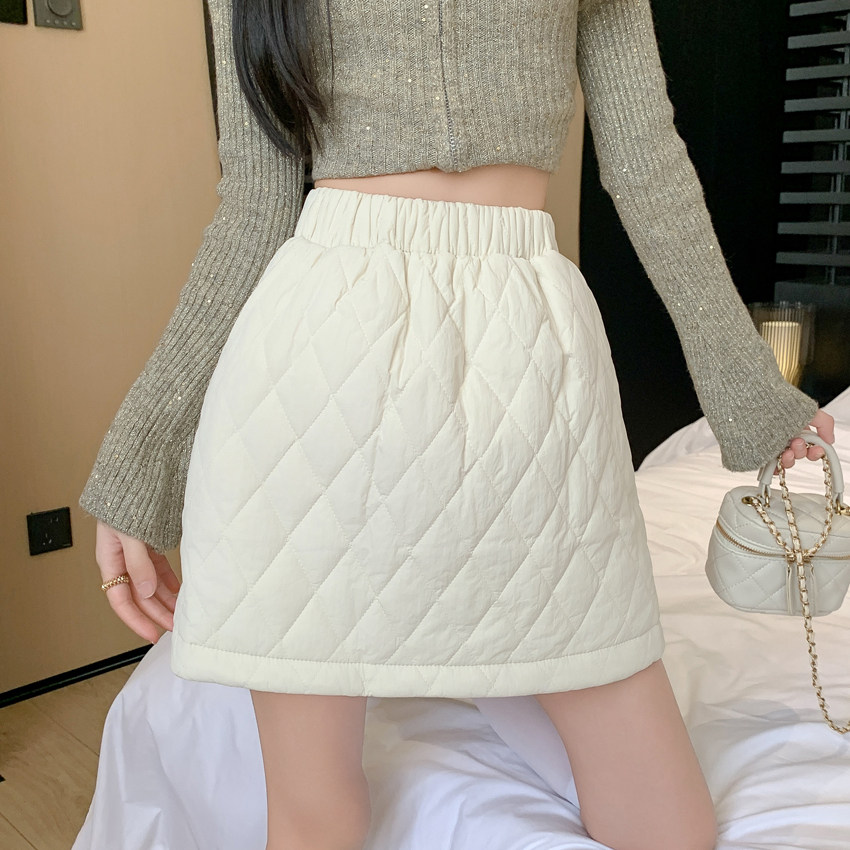 白色加厚夹棉菱格羽绒棉半身子裙秋冬外穿防走光裙子A字包臀短裙