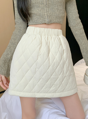 白色加厚夹棉菱格羽绒棉半身子裙秋冬外穿防走光裙子A字包臀短裙