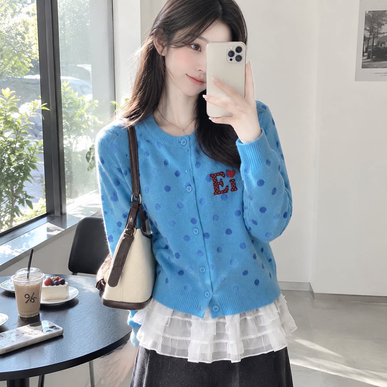 秋新美式波点短款开衫毛衣女