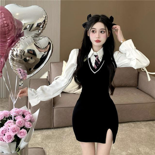 网红减龄两件套装女2023春季新款时尚气质JK学院风衬衫马甲连衣裙
