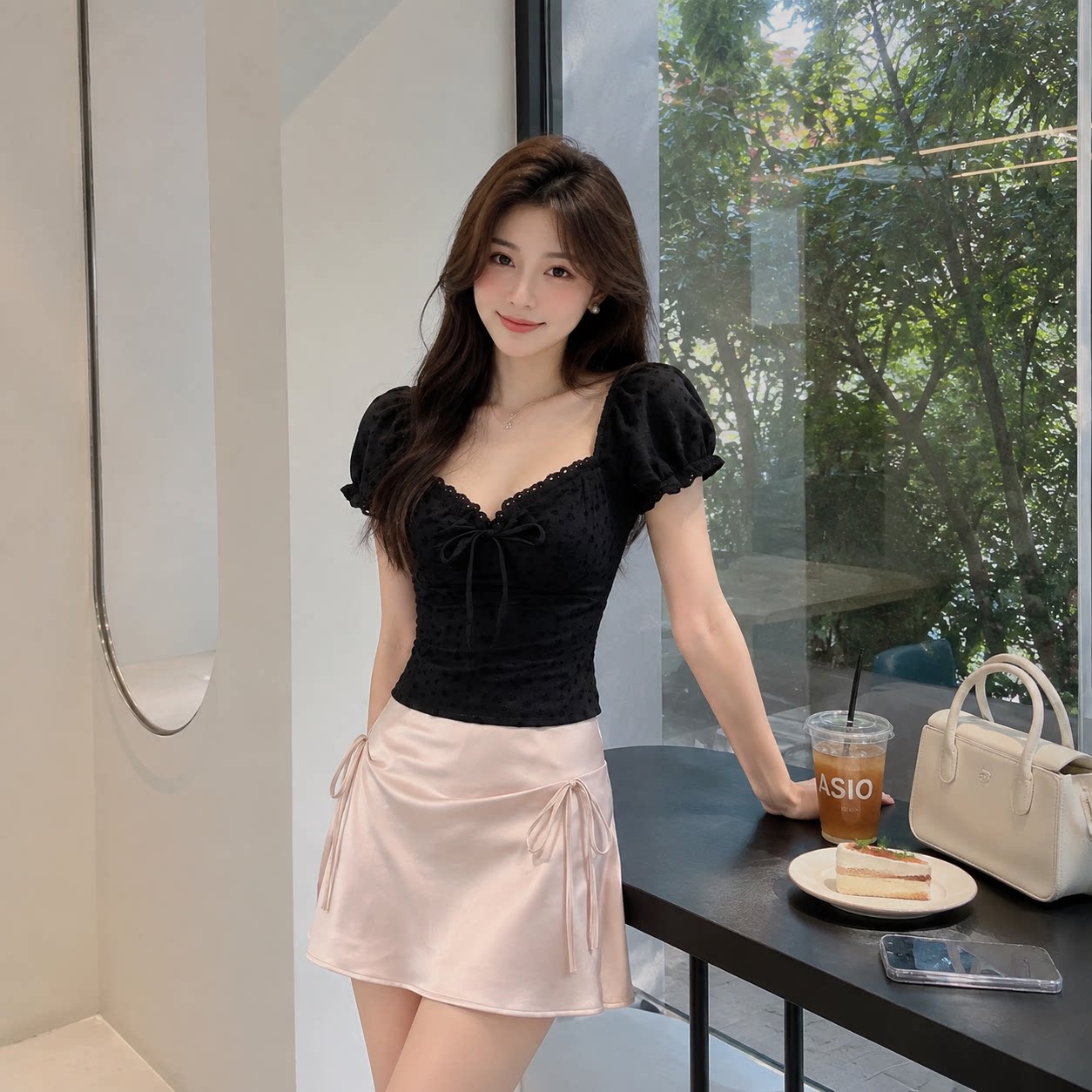 夏季法式甜辣蕾丝衬衫半裙套装