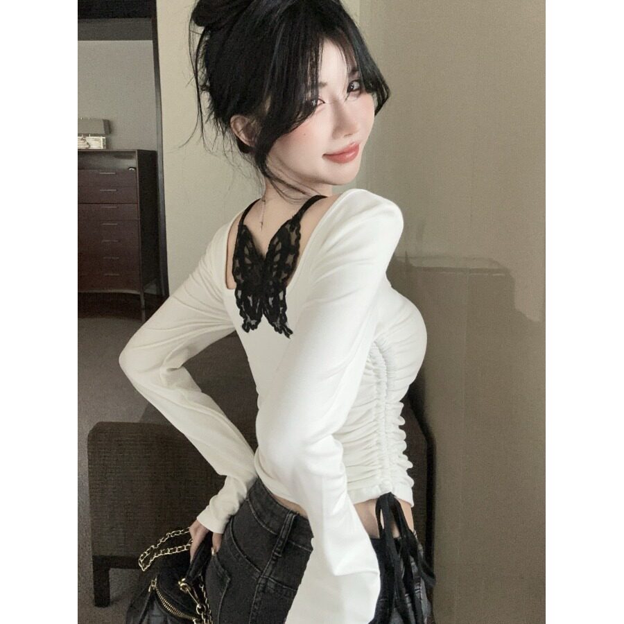 辣妹性感u领长袖t恤女春秋季修身吊带蝴蝶露背设计感小众短款上衣