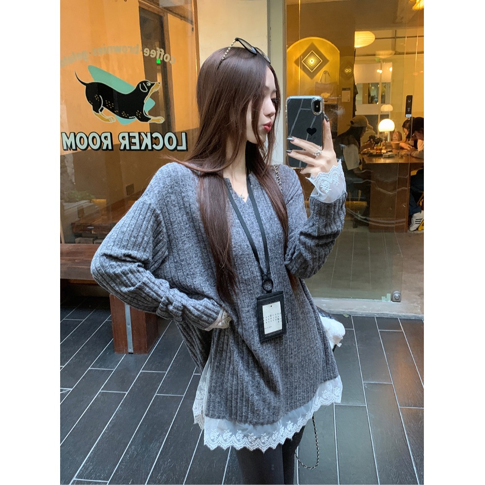 拼接蕾丝花边磨毛打底针织衫女2025春秋新款慵懒风V领长袖上衣ins