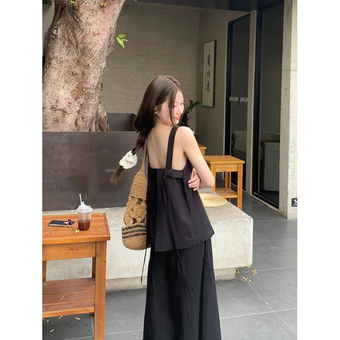韩系辣妹风设计感黑色吊带背心女装夏季高腰显瘦直筒阔腿裤两件套