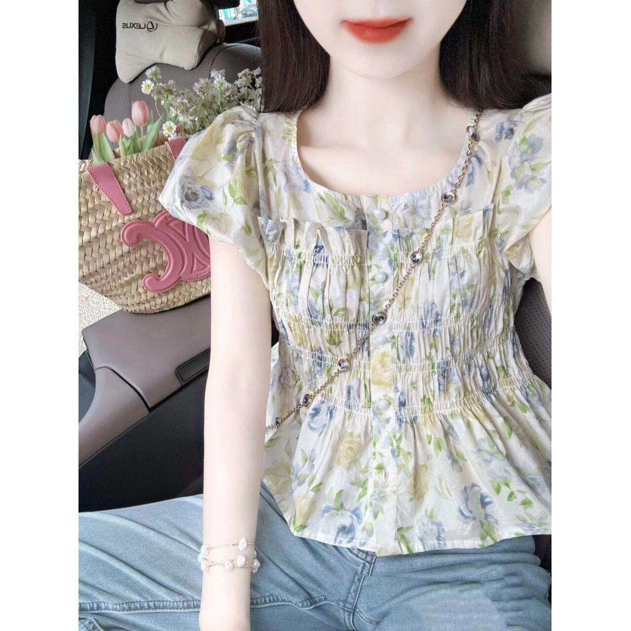 大码休闲时尚碎花收腰衬衫女