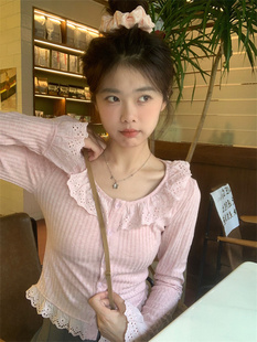 温柔荷叶边t恤女秋季2023新款短款拼接针织修身显瘦内搭长袖上衣