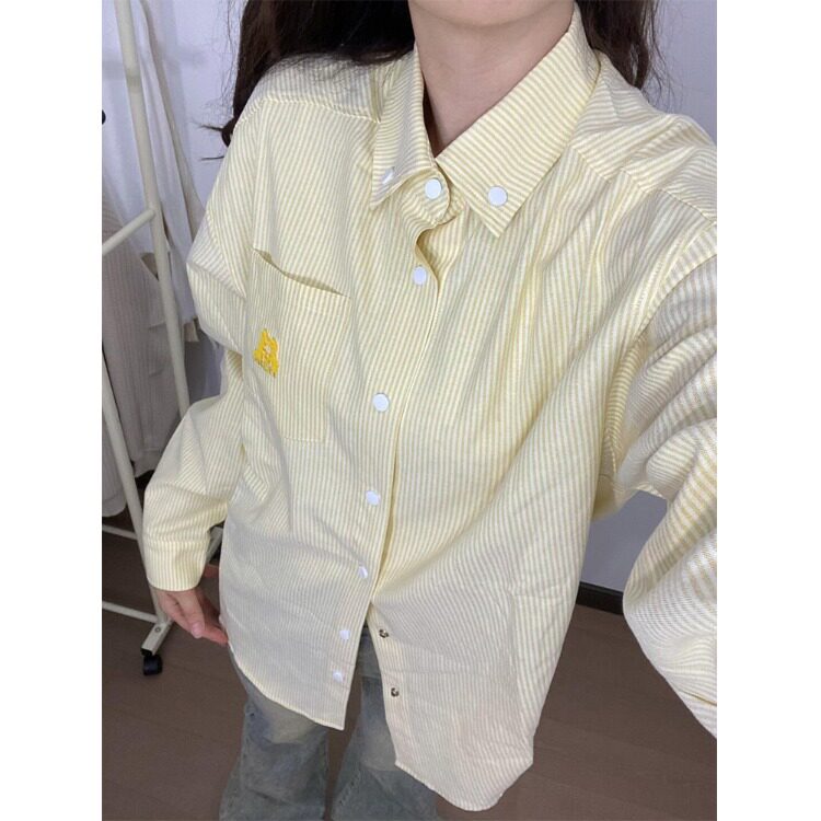 美式复古黄色条纹刺绣长袖2025衬衫外套宽松休闲开衫衬衣上衣