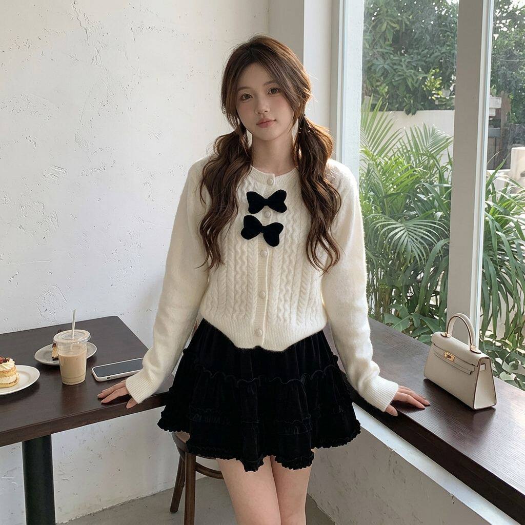 冬白色蝴蝶结针织开衫女新款