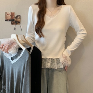 大码V领蕾丝花边下摆长袖T恤女春秋新款胖mm收腰显瘦喇叭袖上衣女