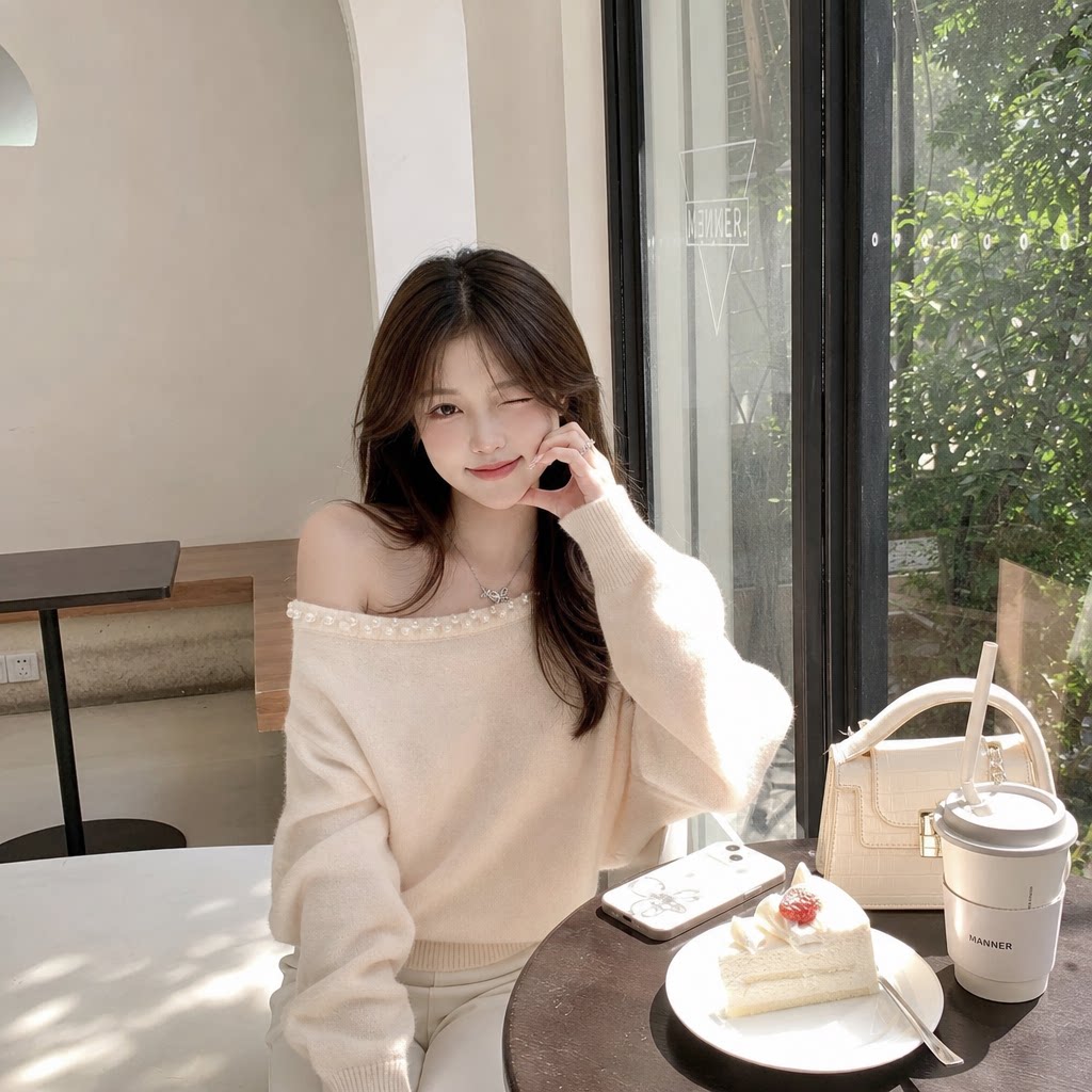 法式珍珠领斜肩露肩宽松毛衣女