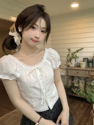 2024少女蕾丝花边泡泡袖小衫夏季短袖小清新衬衣甜美遮肉显瘦上衣
