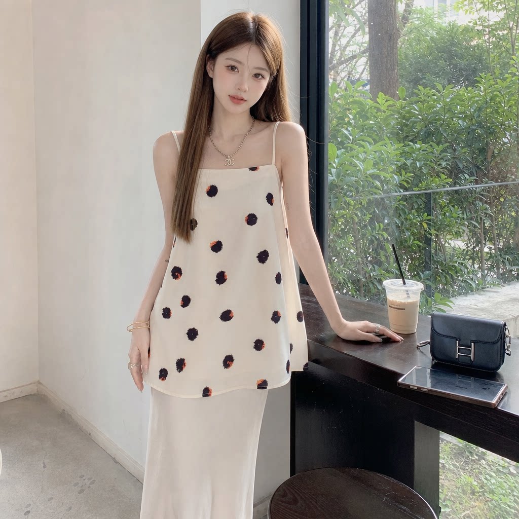 法式缎面波点吊带鱼尾裙两件套