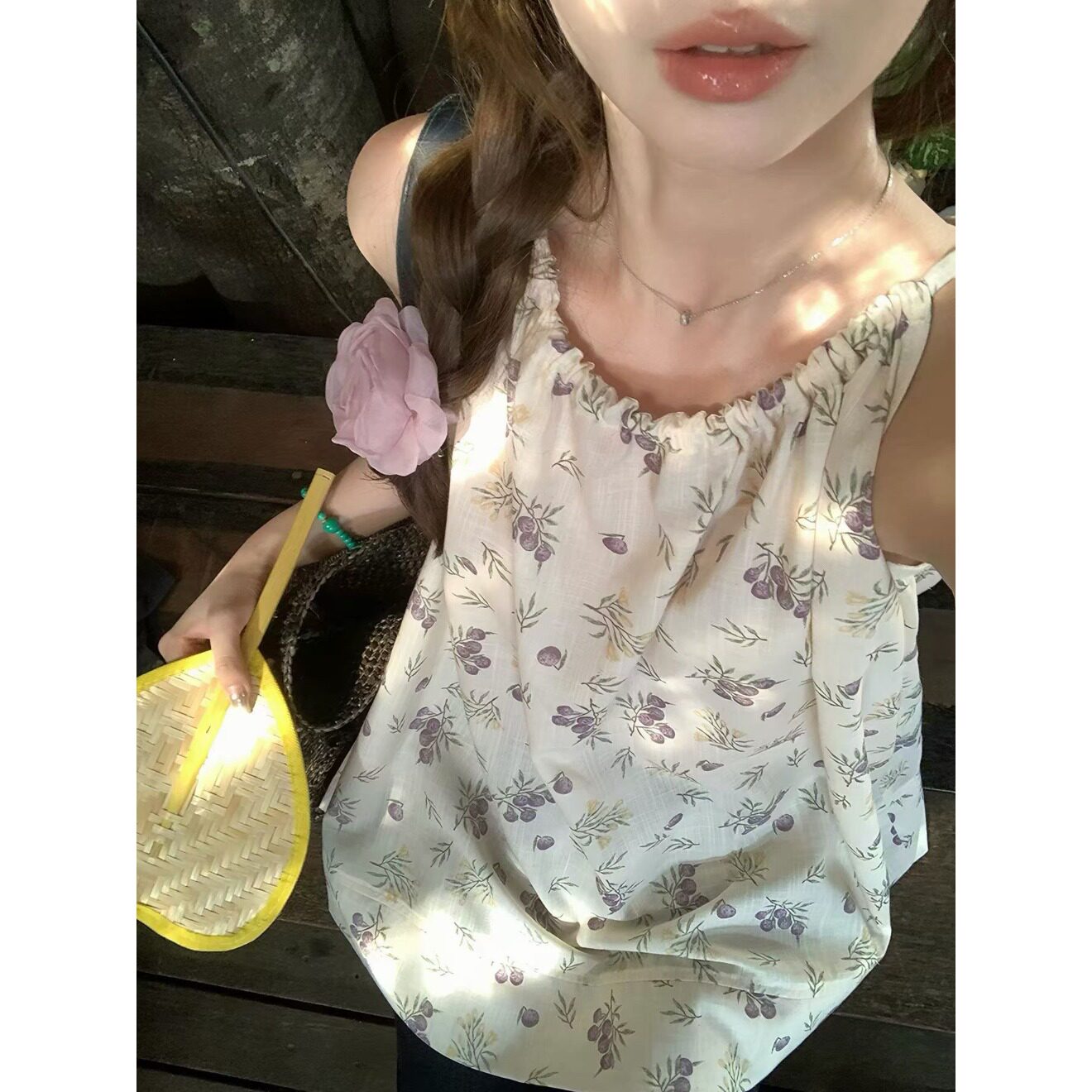 夏季韩系清新碎花吊带娃娃衫
