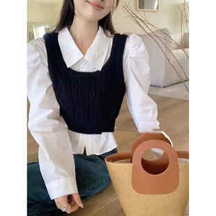 2024秋季新款学院风短款针织背心马甲长袖衬衫遮肉叠穿古着两件套
