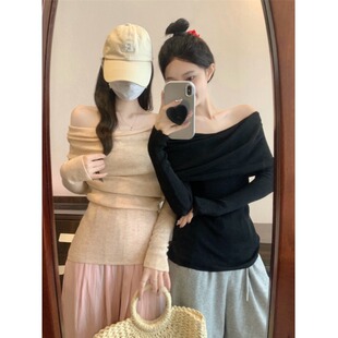 秋冬季加厚针织一字上衣肩上新款修身红色长袖露肩毛衣打底女上衣