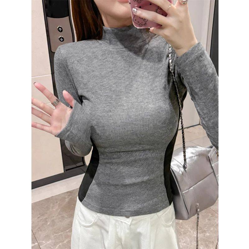 加绒加厚半高领打底衫女冬季设计感小众长袖拼接收腰显瘦内搭上衣