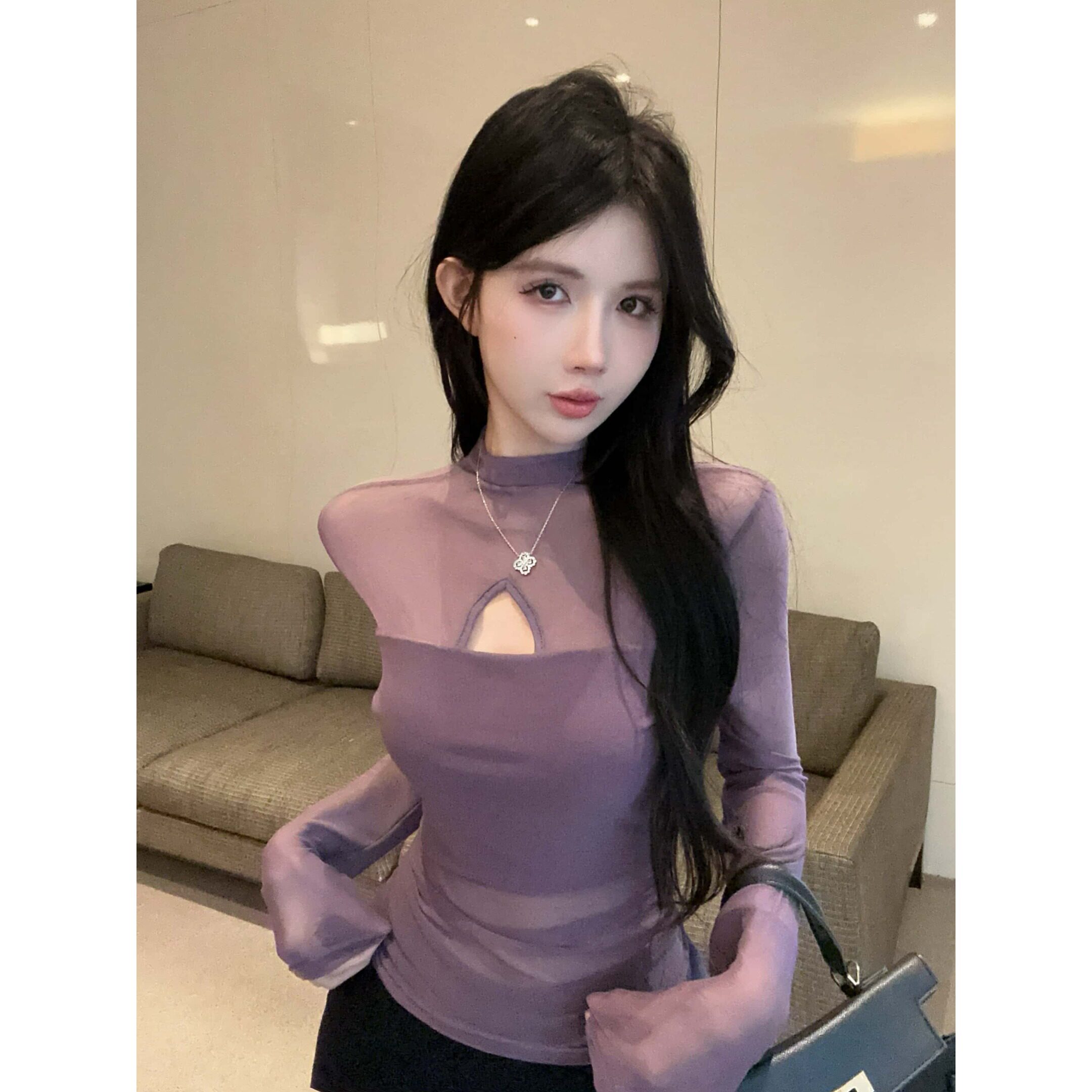 纯欲风半高领镂空打底衫女