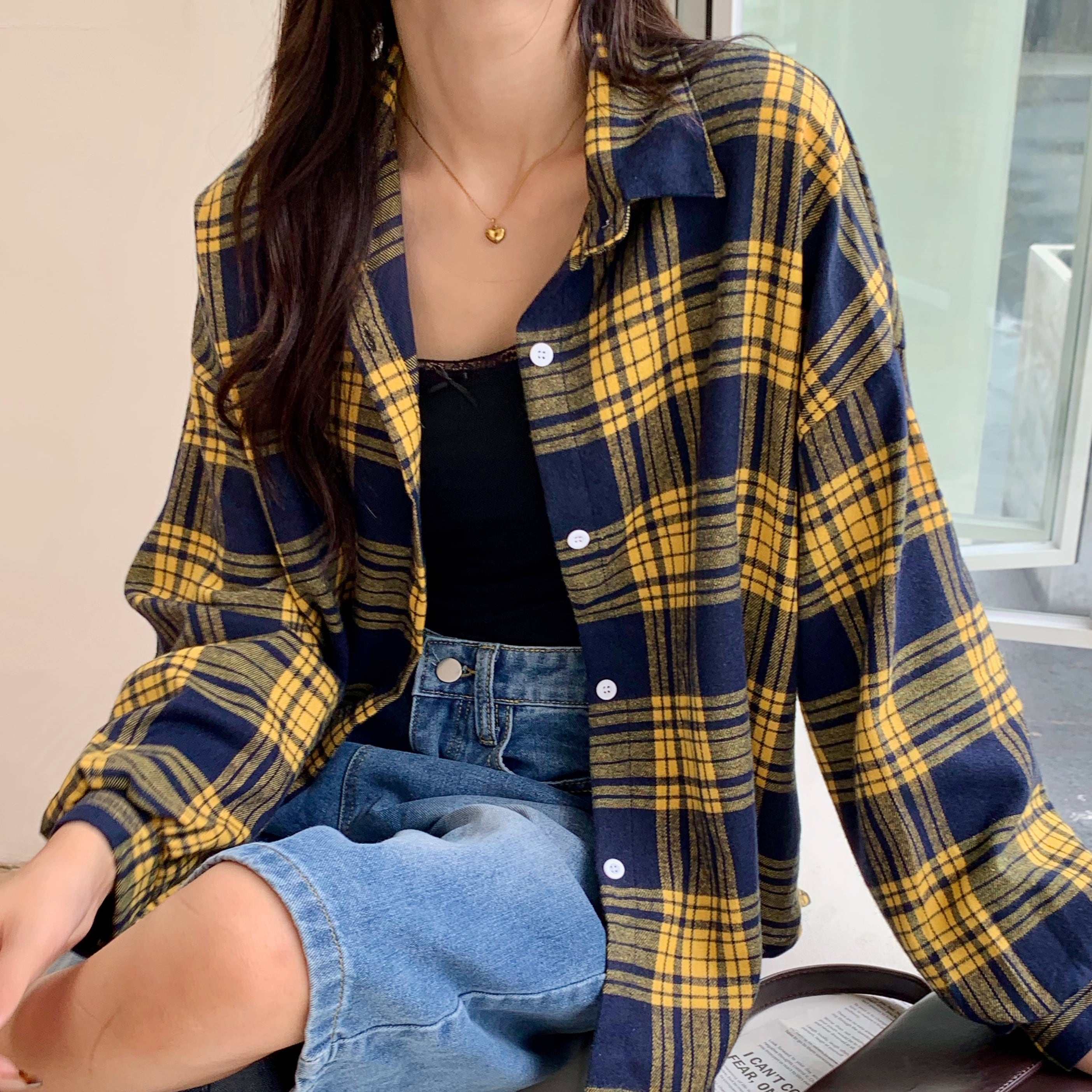 春秋格子宽松短款衬衫女学生