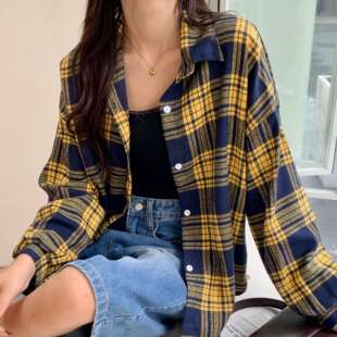 2026新款春秋格子衬衫女学生宽松衬衣小个子百搭短款上衣外搭外套