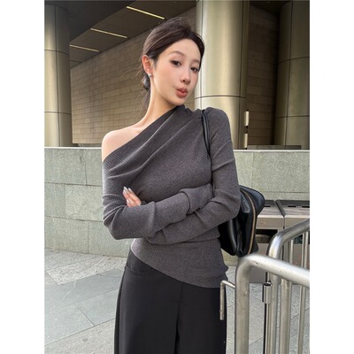 一字肩红色早秋内搭打底针织衫