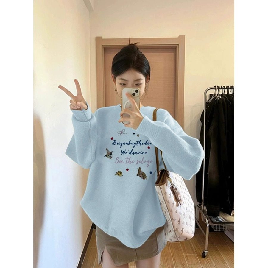 慵懒风软糯针织衫毛衣女秋冬季韩版宽松显瘦圆领套头洋气印花上衣