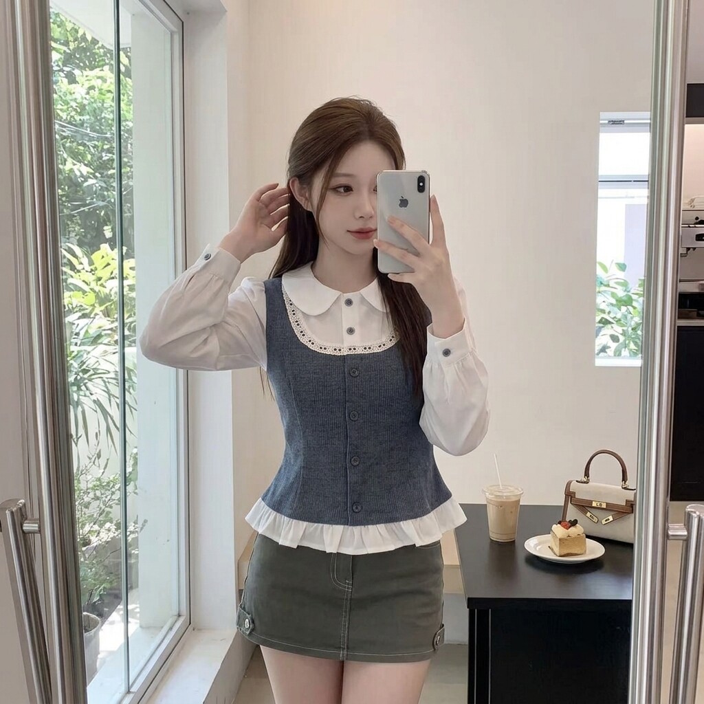 假两件娃娃领甜美长袖衬衫女