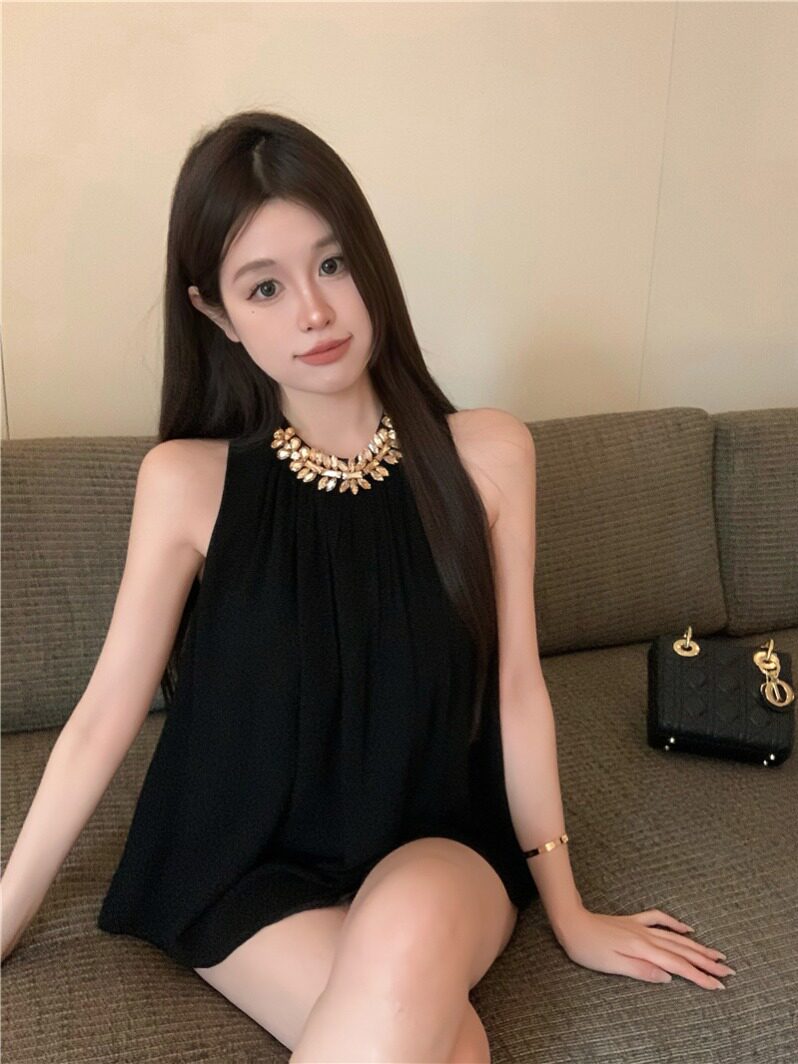 黑色挂脖无袖雪纺衫女2024夏季新款重工钻链宽松显瘦小衫辣妹上衣