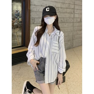 条纹长袖衬衫外套早秋女装2026年新款设计感小众宽松显瘦法式上衣