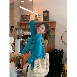 2026新款薄款长袖休闲夏季洋气上衣蓝色亚麻防晒衬衣衬衫宽松外套