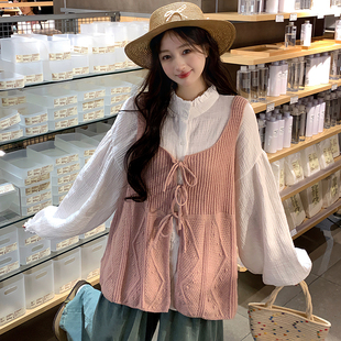 套装/单件韩版学院风蝴蝶系带针织毛衣马甲背心叠穿白色长袖衬衫