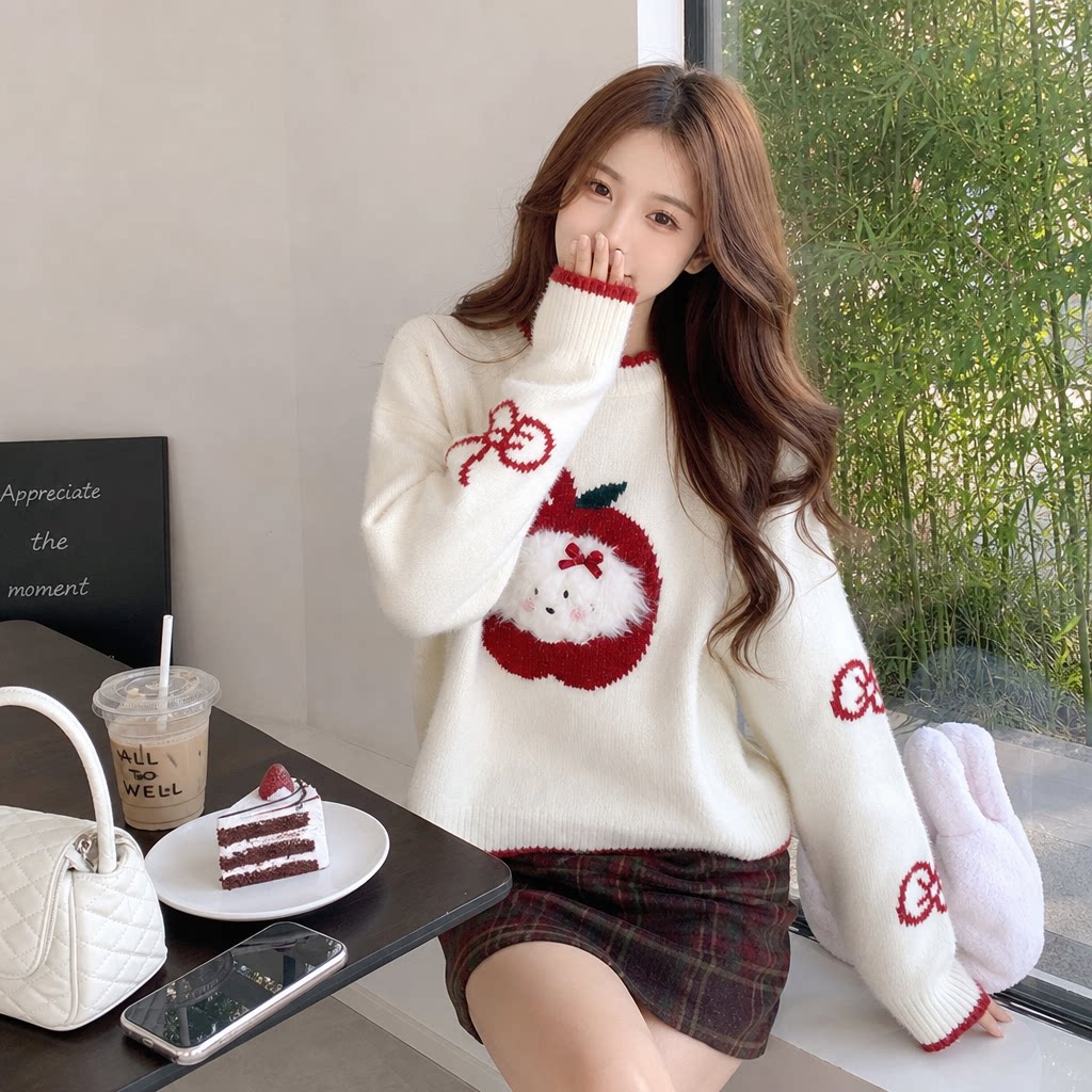 红色仿貂绒圣诞小狗女款套头毛衣