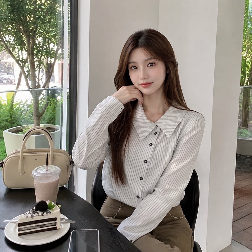 春秋女条纹收腰显瘦不规则衬衫