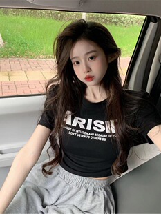 复古红色短袖t恤女夏季新款字母美式辣妹显瘦修身百搭短款上衣