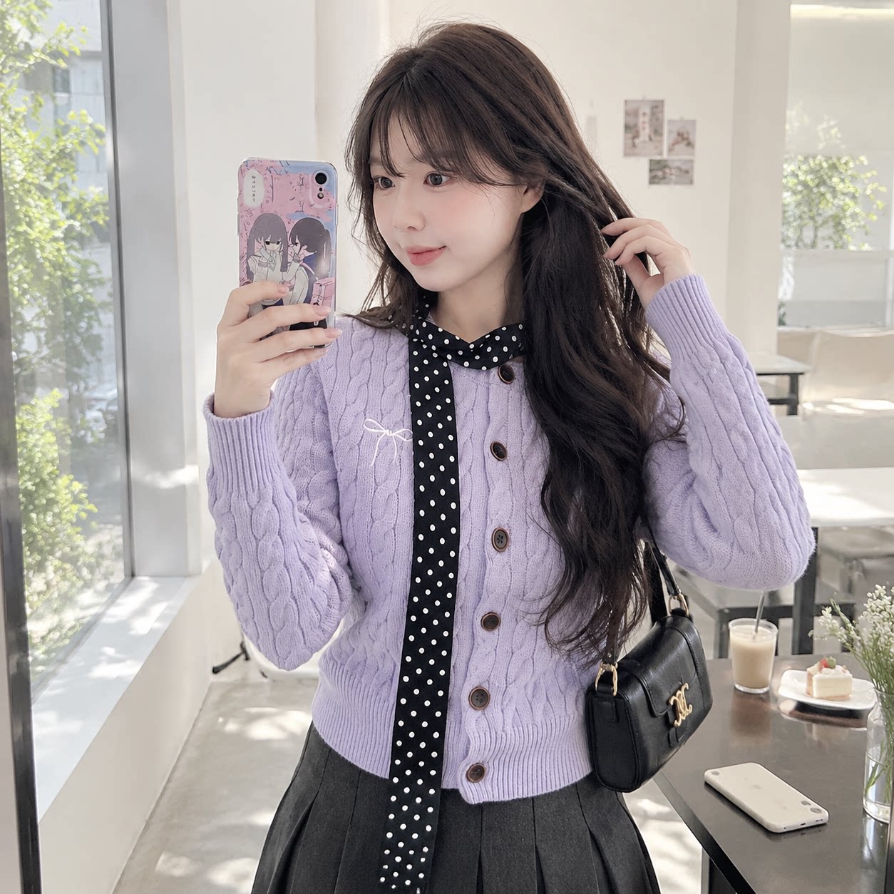 春秋丁香紫麻花修身针织开衫女