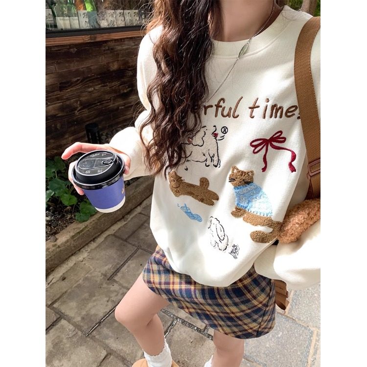 韩版印花加绒卫衣女冬季设计感套头宽松圆领无帽猫咪显瘦休闲上衣