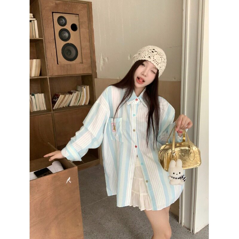 韩系薄荷蓝色条纹衬衫女春秋新款设计感翻领休闲百搭开衫外套