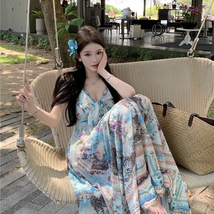 波西米亚风v领吊带连衣裙女夏季 度假裙宽松长裙气质高腰大摆裙子